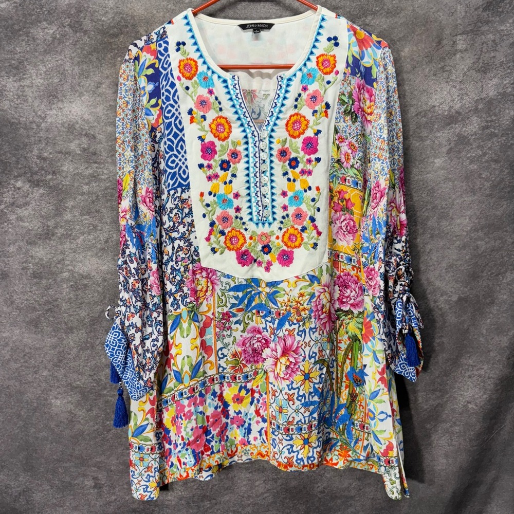 John Mark Boho Embroidered Patchwork Floral Peasant Tunic Top Size L Colorful